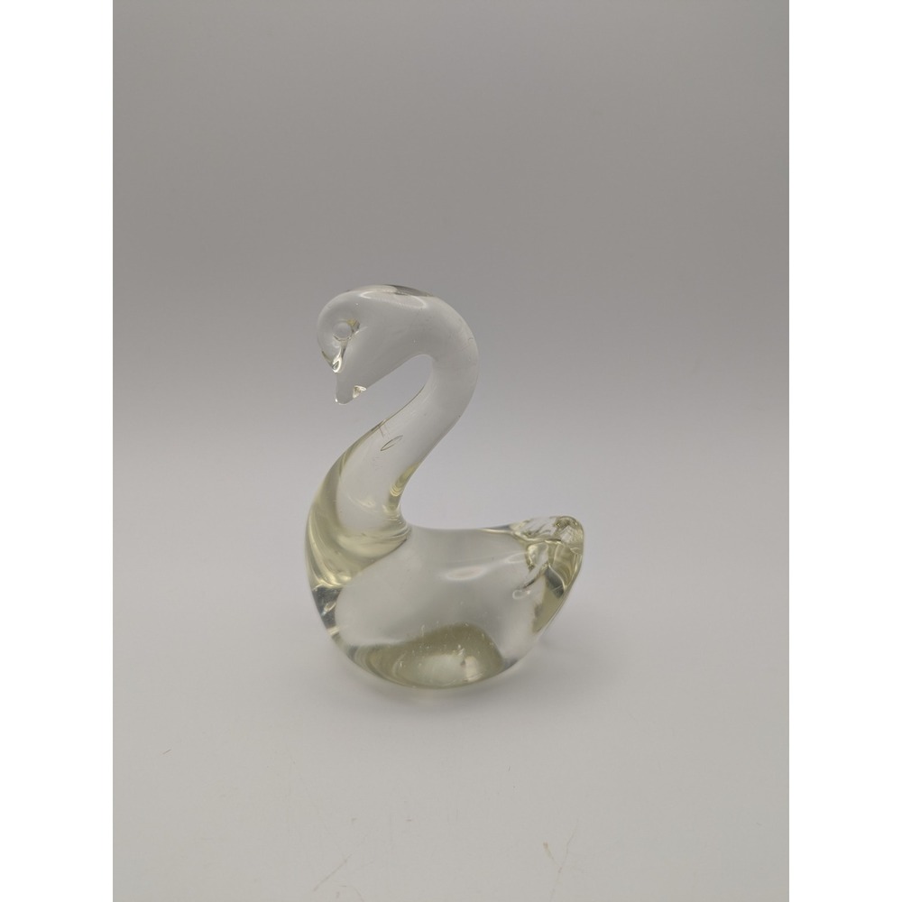 Clear Glass Swan Figurine Yellow Hue Swan Sculpture Paperweight 4.5" Tall